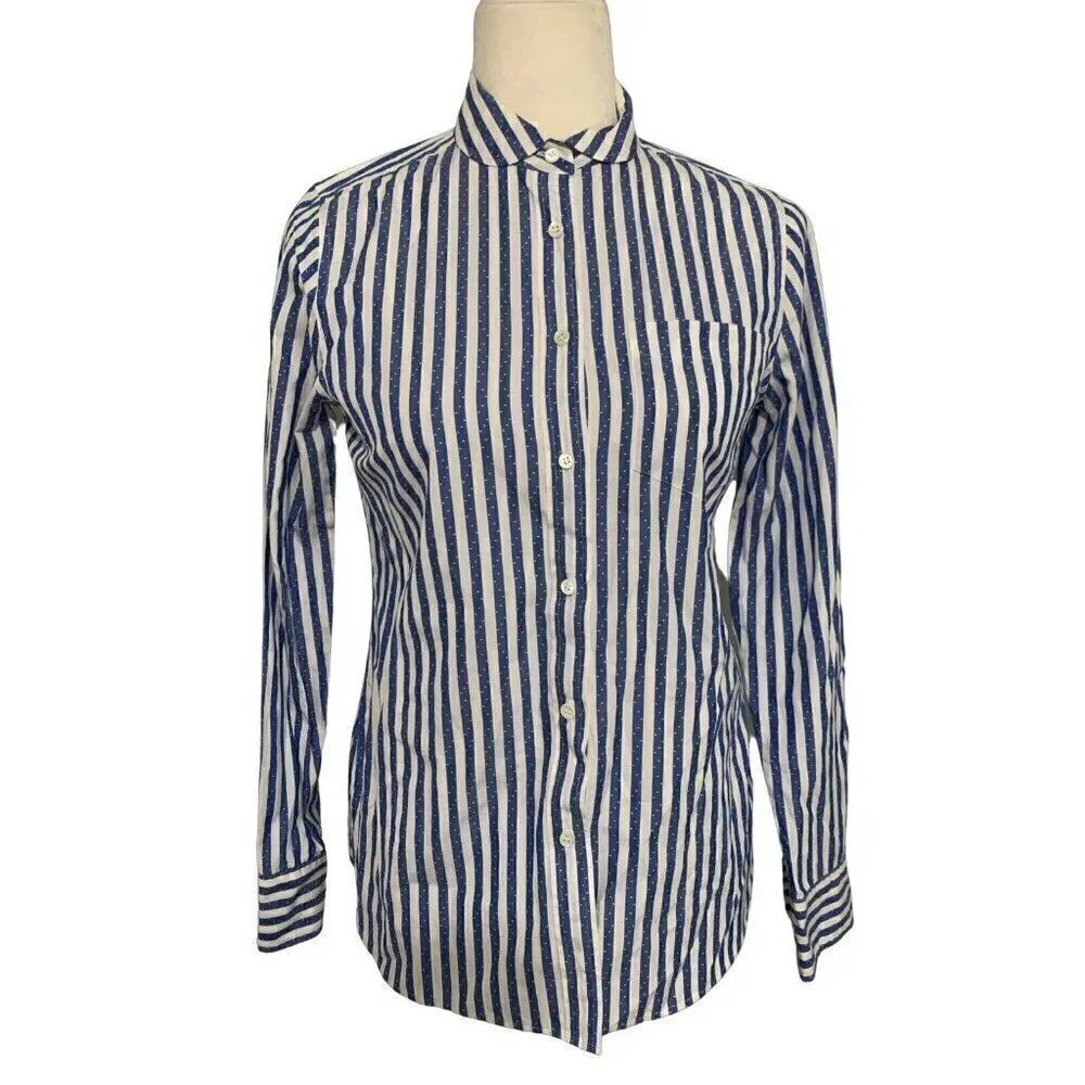 j crew womens blue white striped long sleeve dress shirt top boy 2 xs